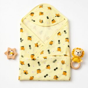 2 Layer Muslin Dye Printed Hooded Towel- Yellow Mango