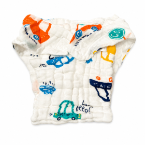 6 Layer Crinkle Muslin Nappy M(6-12m), Velcro type -Cars