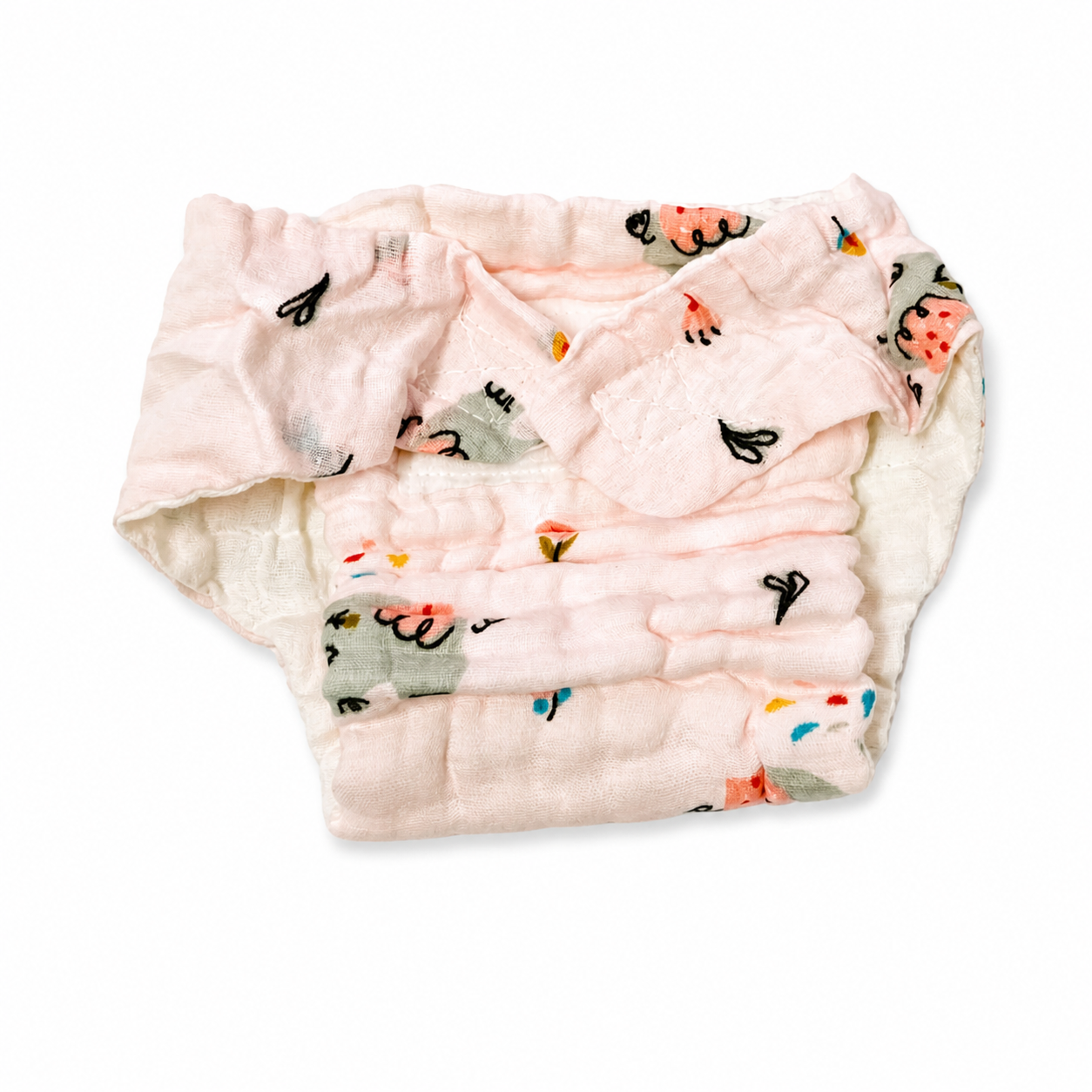 6 Layer Crinkle Muslin Nappy,S (Velcro type) 0-3m - Pink Elephant