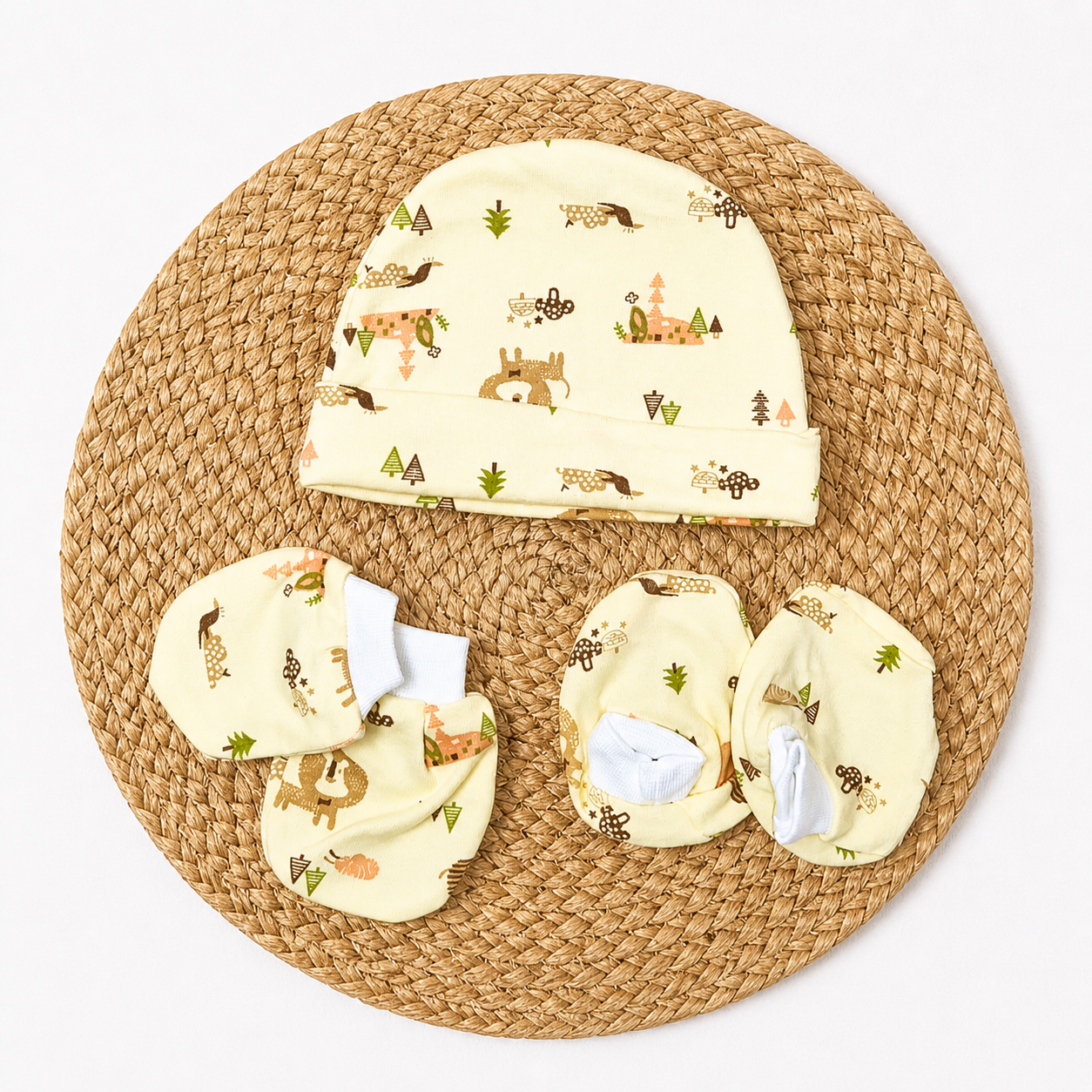 Cap Mittens Booties - Yellow animals