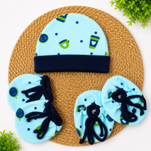 Cap Mittens Booties (Adjust fit) - Blue Heart