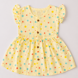 Muslin Dye Button Frock 12-18m - Yellow Dots