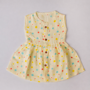 Muslin Dye Button Frock (6-12) - Yellow dots