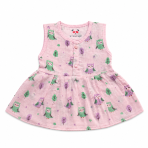 Muslin Colour Button Frock 3-6m - Pink Owl