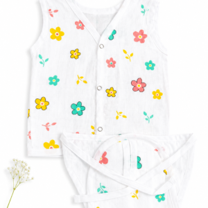 Muslin Button Jabla + Padded Nappy - Colourful flowers (0-3m)