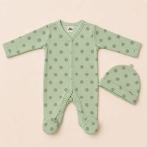Baby Sleep Suit with Cap (3-6)m- Green dots