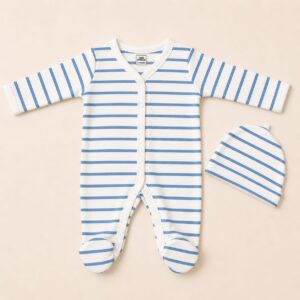 Baby Sleep Suit with Cap (3-6)m- Blue Stripes