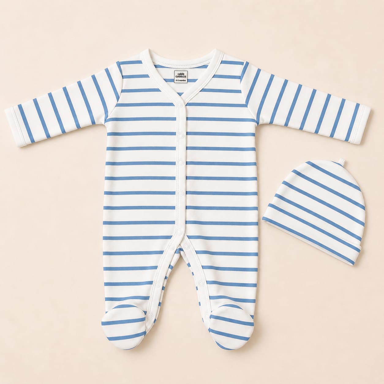 Baby Sleep Suit with Cap (3-6)m- Blue Stripes