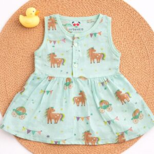 Muslin Colour Button Frock 3-6m - Seagreen Unicorn