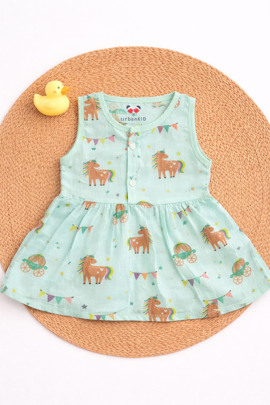 Muslin Colour Button Frock 3-6m - Seagreen Unicorn