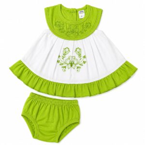 Embroidered Cotton Frock Set with Bloomer (0–3 Months) - Green