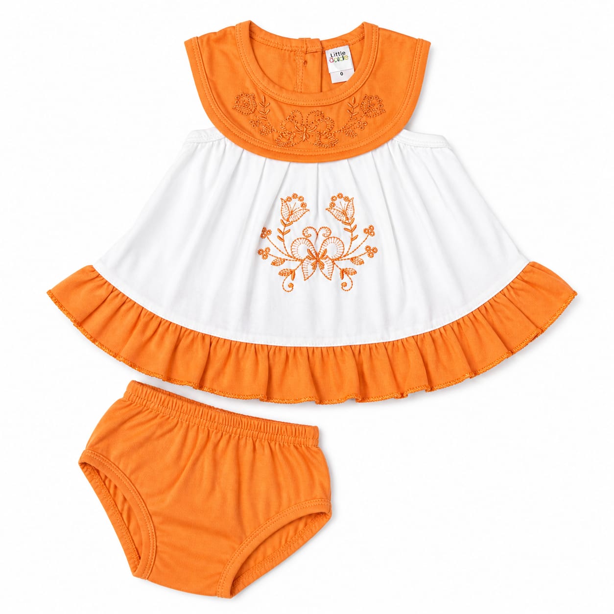 Embroidered Cotton Frock Set with Bloomer (0–3 Months) - Orange