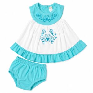 Embroidered Cotton Frock Set with Bloomer (0–3 Months) - Blue