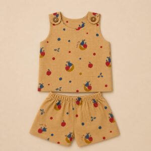 Muslin 2 Layer Shoulder Button Shorts Set 9-12m - Design 01