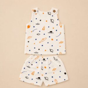 Muslin 2 Layer Shoulder Button Shorts Set 3-6m - Design 03