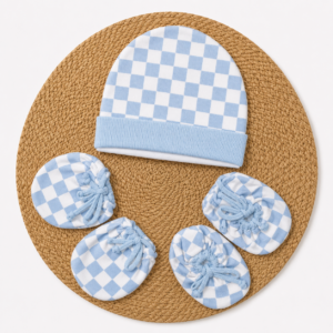 Cap Mittens Booties (Adjust fit) - Blue Checks