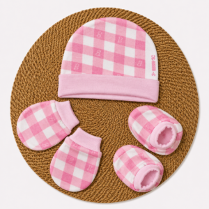 Cap Mittens Booties Copy - Pink Checks