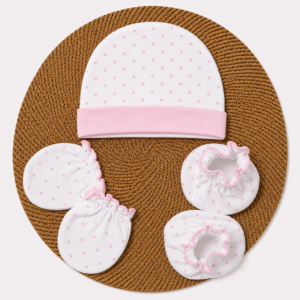 Cap Mittens Booties - Pink heart