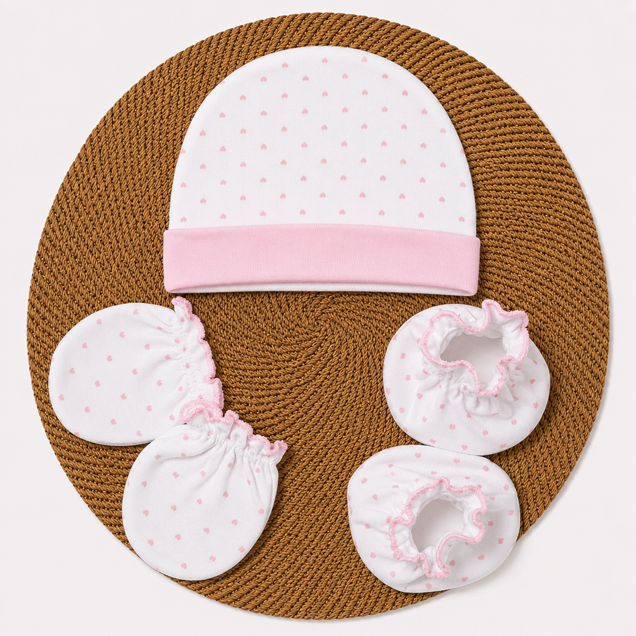 Cap Mittens Booties - Pink heart
