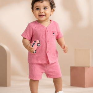 Premium Crinkle Muslin Coords 3-6m - Peach Bear