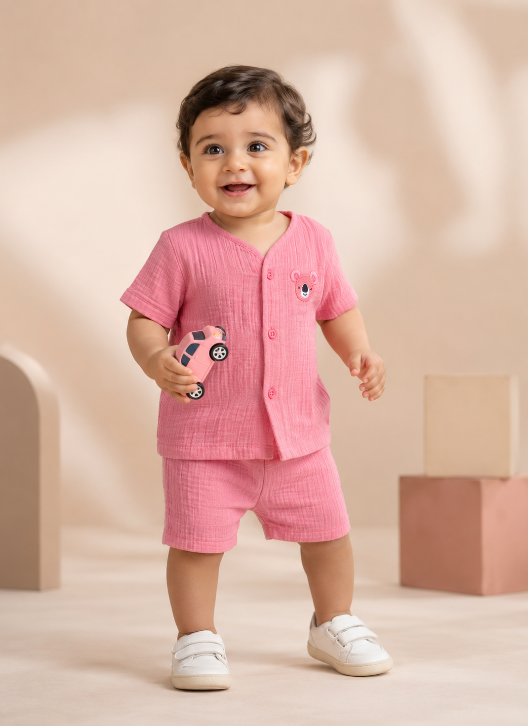Premium Crinkle Muslin Coords 6-9m- Peach Bear
