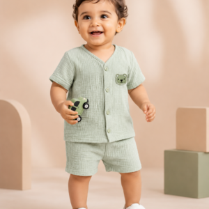Premium Crinkle Muslin Coords 6-9m - Sage Green Bear