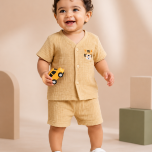 Premium Crinkle Muslin Coords 3-6m - Cream Tiger