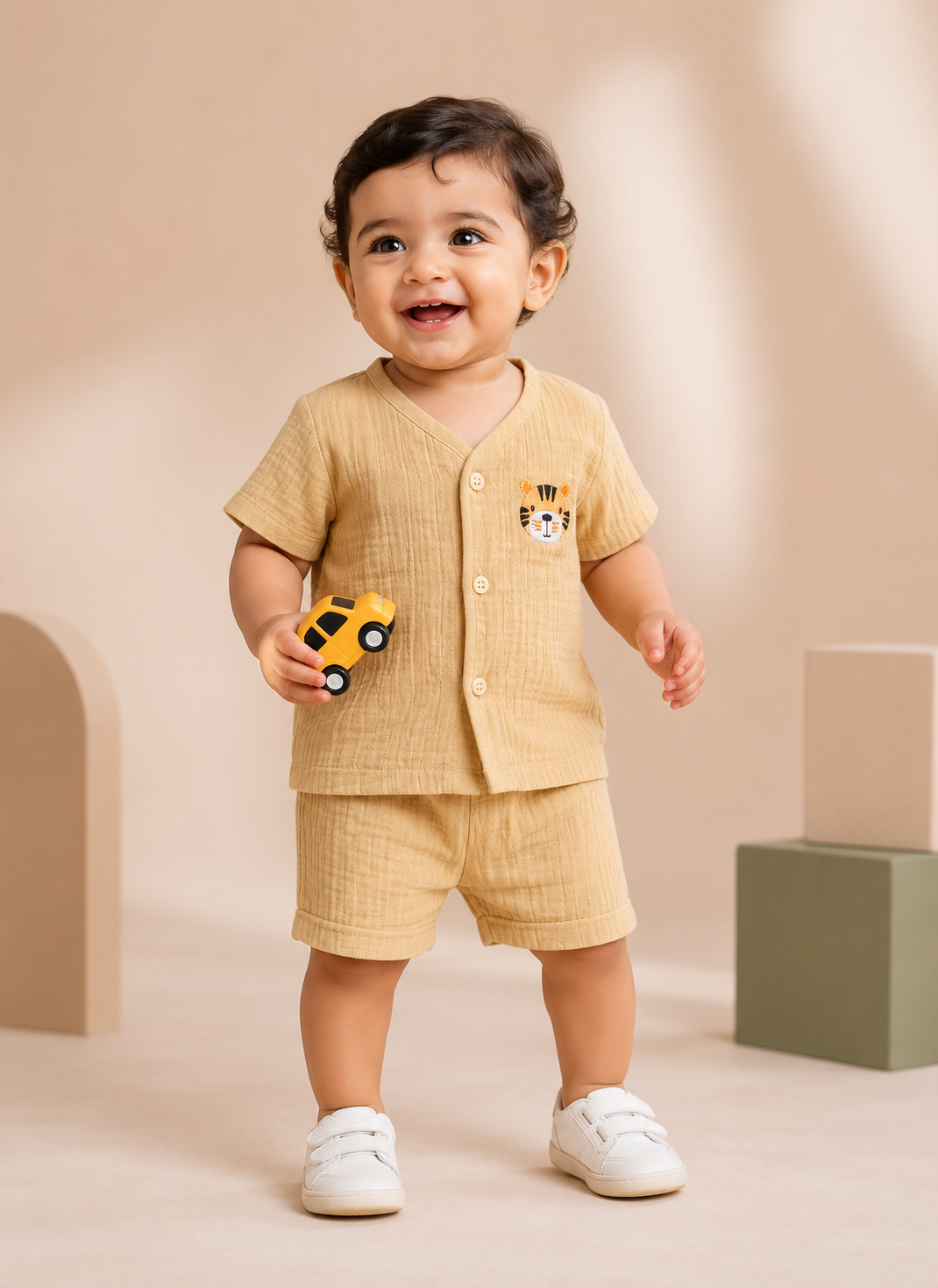 Premium Crinkle Muslin Coords 3-6m - Cream Tiger