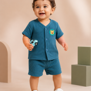 Premium Crinkle Muslin Coords 3-6m - Teal Lion