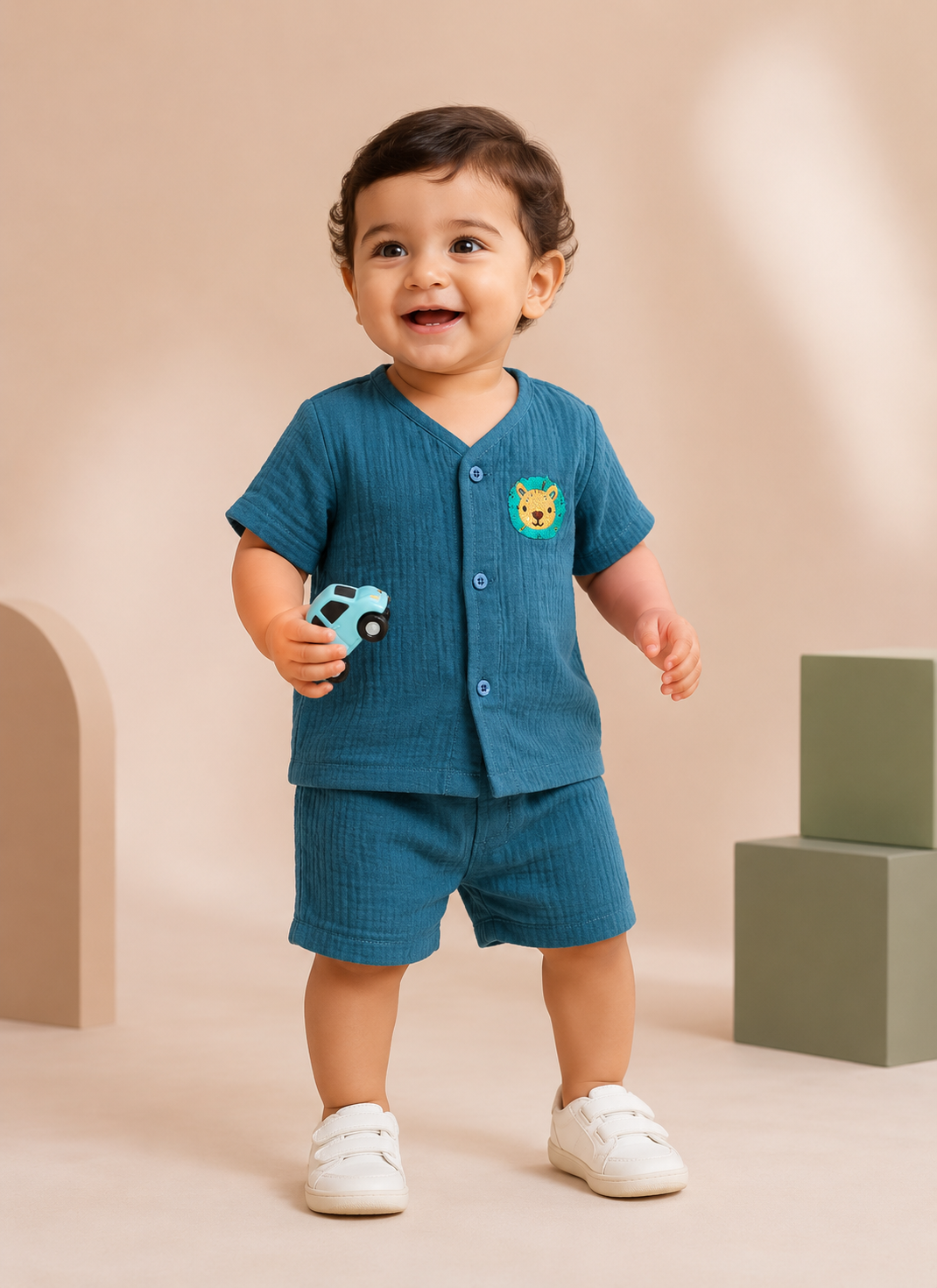 Premium Crinkle Muslin Coords 9-12m - Teal Lion