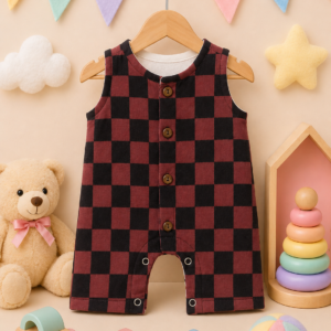 Muslin Romper 0-3m- Checked brown & black