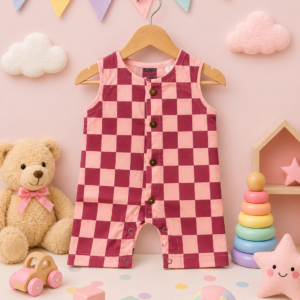 Muslin Romper 3-6m- Checked Maroon & Peach