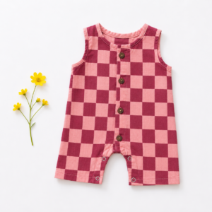 Muslin Romper 3-6m- Checked Maroon & Peach