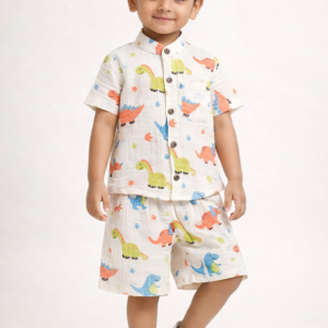 Mandarin Collar Muslin Coord 2-3Y - Dino
