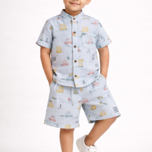 Mandarin Collar Muslin Coord 12-18M - Little Wheels