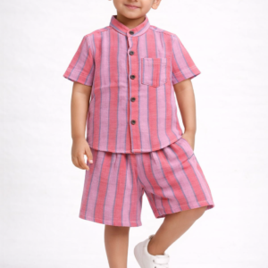 Mandarin Collar Muslin Coord 2-3Y - Pink Stripes