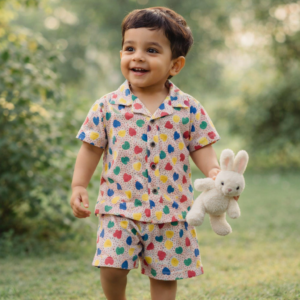 Muslin Collared Coords - Colourful hearts- 2-3y