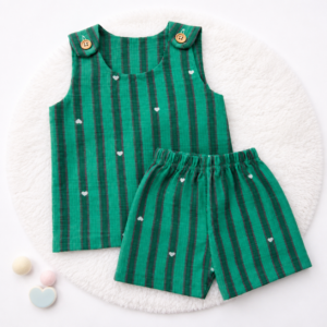 Muslin 2 Layer Shoulder Button Shorts Set 3-6m - Green Stripes