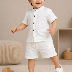 Mandarin Collar Muslin Coord 2-3Y - White Sea world
