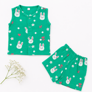 Crinkle Muslin Coord set 12-18m - Green Bunny