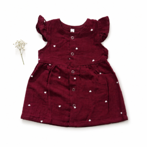 2-Layer Muslin Button Frock with Ruffled Sleeve (6-9m) - Maroon Heart