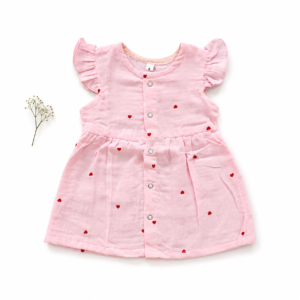 2-Layer Muslin Button Frock with Ruffled Sleeve (6-9m) - Pink Heart