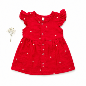2-Layer Muslin Button Frock with Ruffled Sleeve (6-9m) - Red Heart