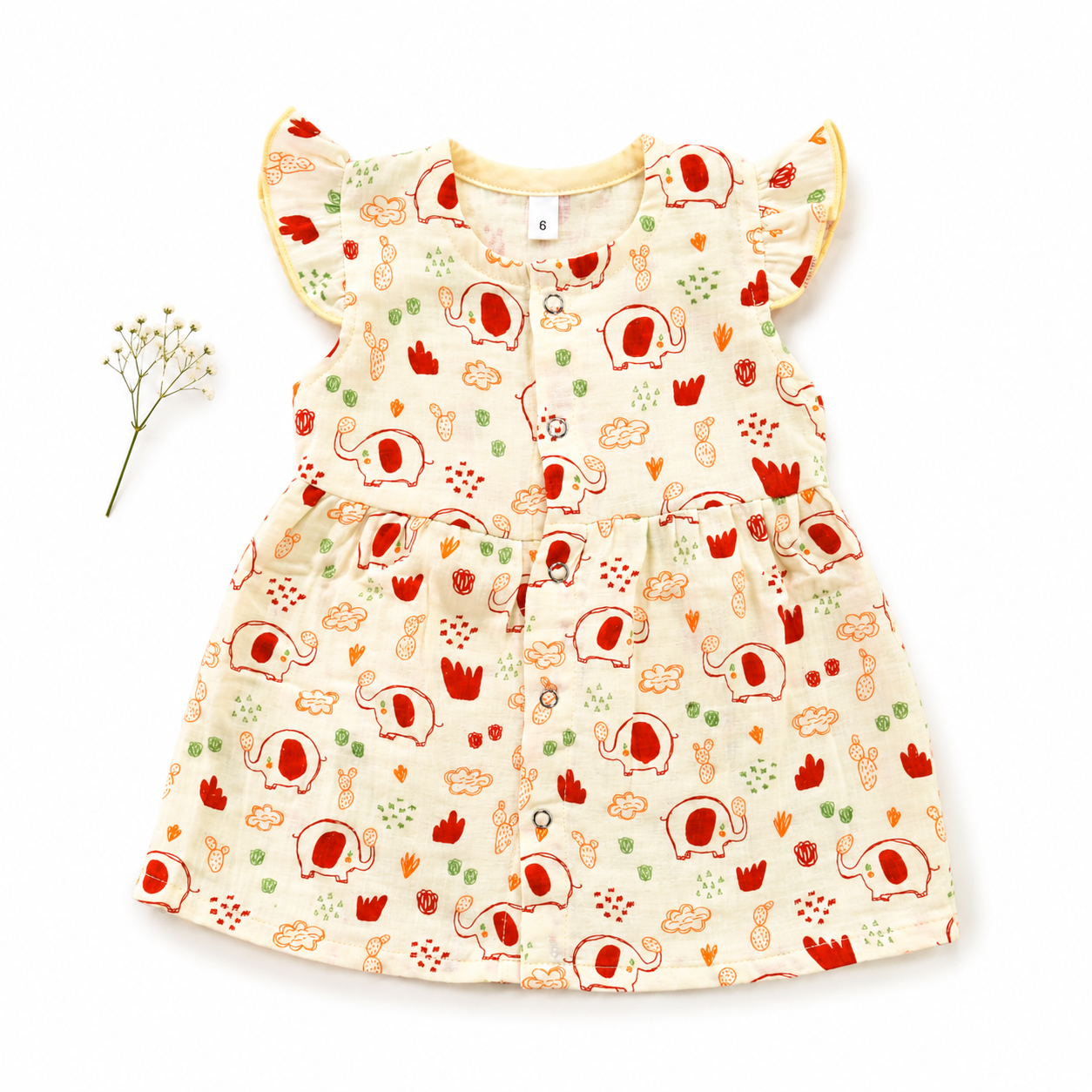 2-Layer Muslin Button Frock with Ruffled Sleeve (12-18m) - Elephant