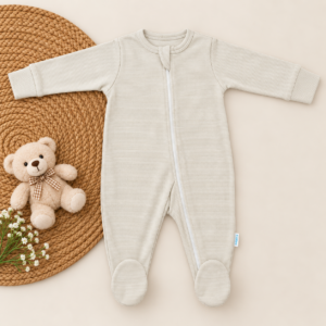 Full Zipper footed Baby Sleepsuit 0-3m - Beige Stripes
