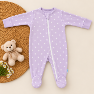 Full Zipper footed Baby Sleepsuit 3-6m - Purple Stars