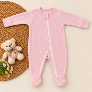 Full Zipper footed Baby Sleepsuit 0-3m - Peach Stars
