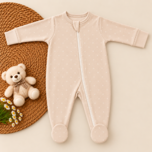 Full Zipper footed Baby Sleepsuit 3-6 m - Peach Polka dots