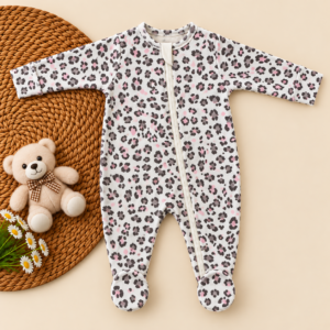 Full Zipper footed Baby Sleepsuit 0-3m - Pink Leopard