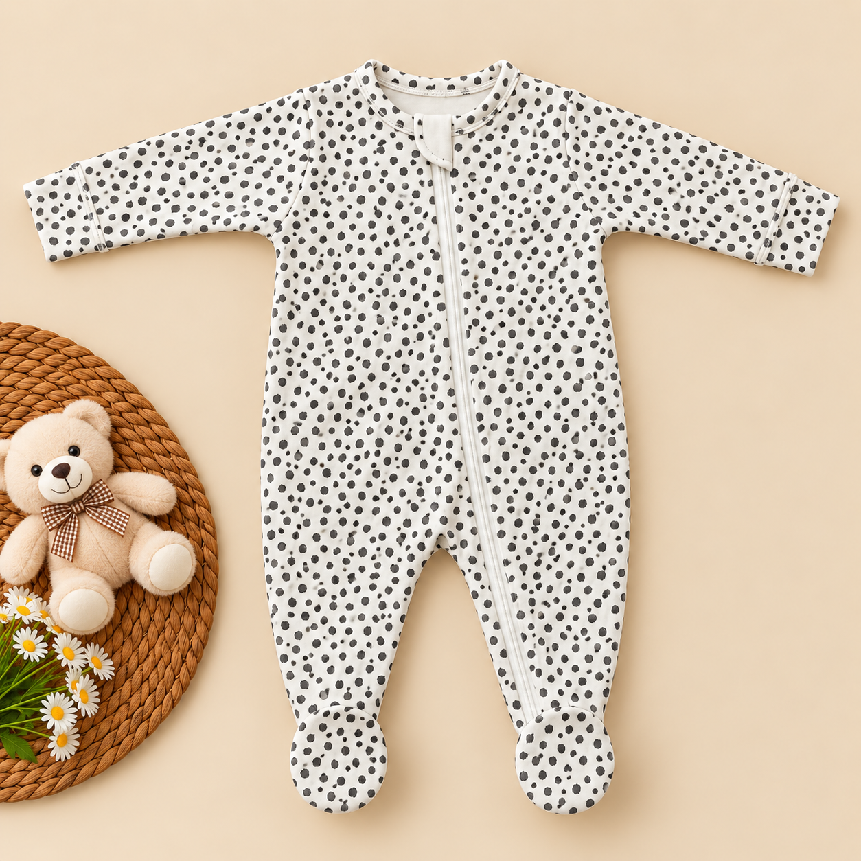 Full Zipper footed Baby Sleepsuit 3-6m - Black speckles